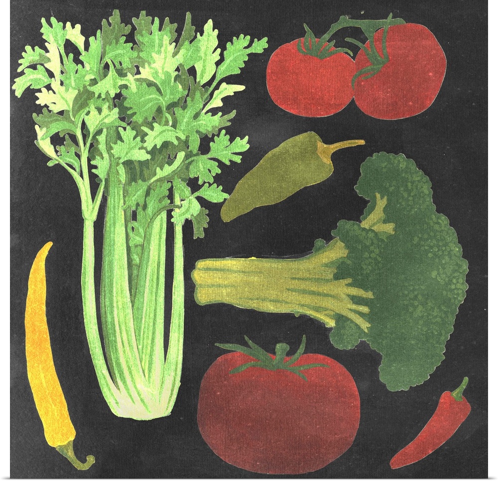 Contemporary artwork of a variety of vegetables in a chalkboard style.