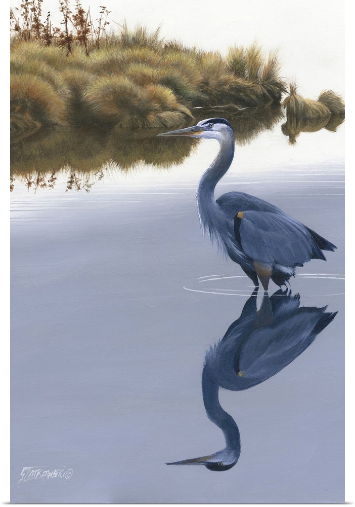 Contemporary painting of a heron standing in still water.