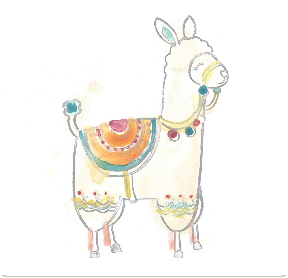 This decorative artwork features an adorable llama painted with a colorful saddle and reins against a white background.