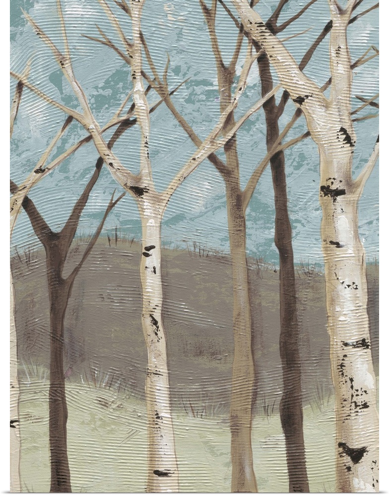 Contemporary painting of bare branched birch trees against a blue and brown background.