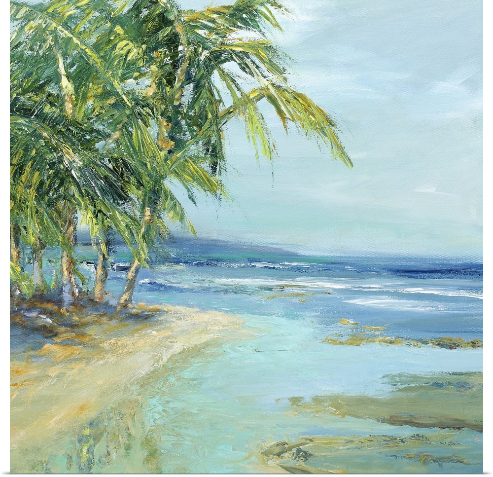 Contemporary artwork featuring lively brush strokes to create a relaxing beach scene.