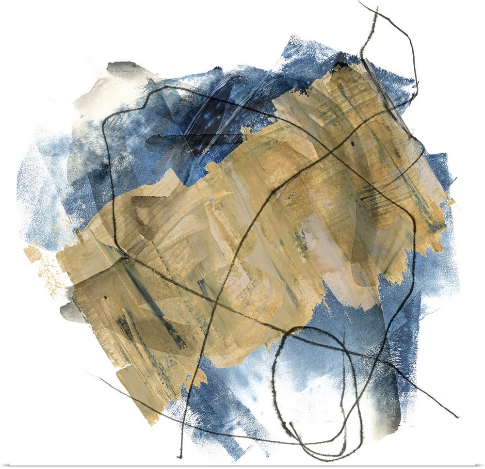Abstract painting of blue and brown tones with a overlay of chaotic thin black lines, on a white background.