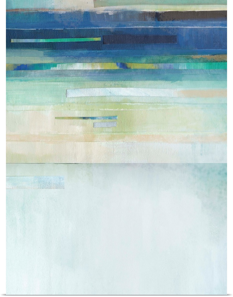 Abstract painting in blue, green, brown, and nude hues with layered lines at the top.