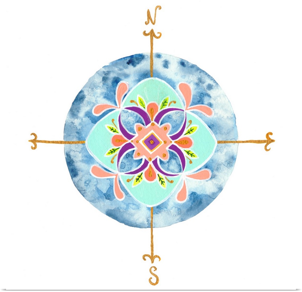 Decorative compass with a leaf mandala-like pattern over a circular watercolor blue background.