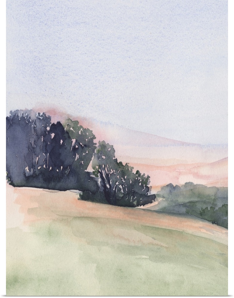 Vertical watercolor landscape of rolling hills of pink, green and blue, lined by trees with a blue sky.