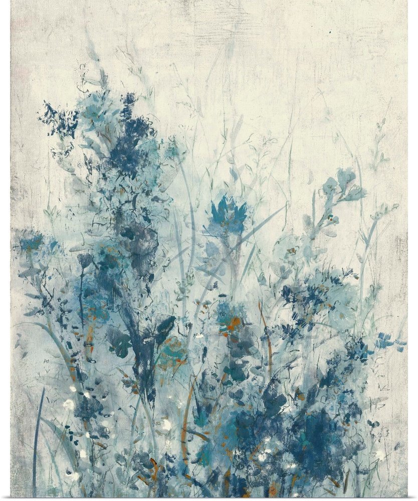 Vertical contemporary painting of a garden of spring flowers in different shades of blue.