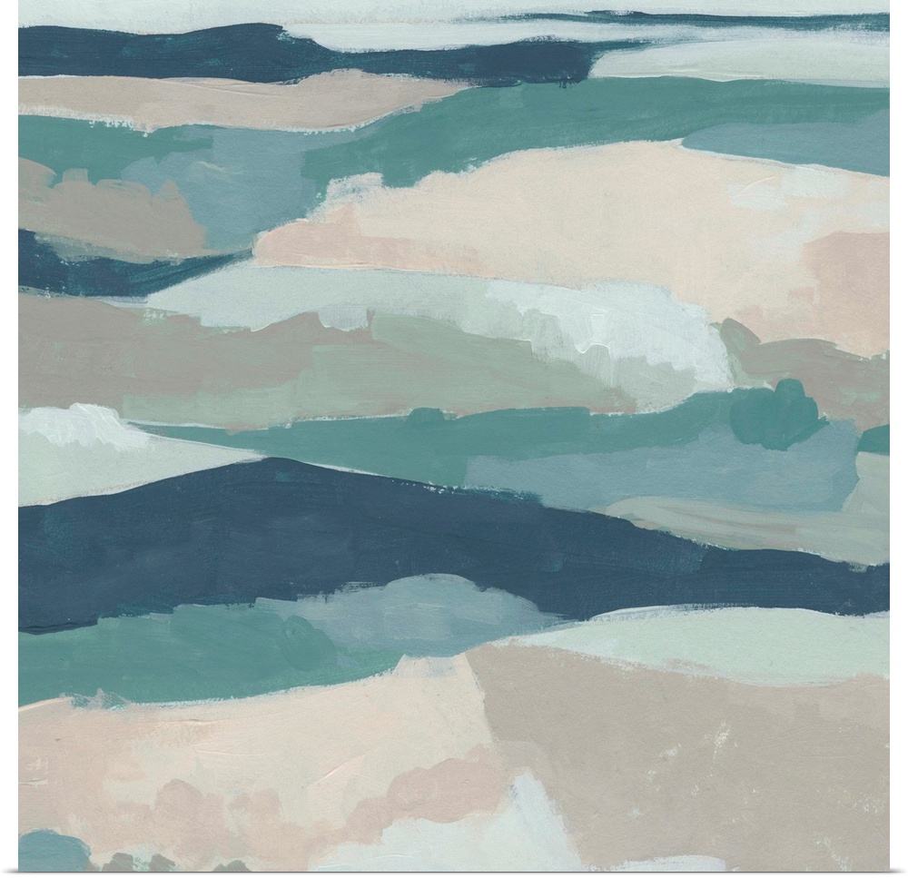 Contemporary abstract of a hilly landscape painting in navy, teal, and pink.
