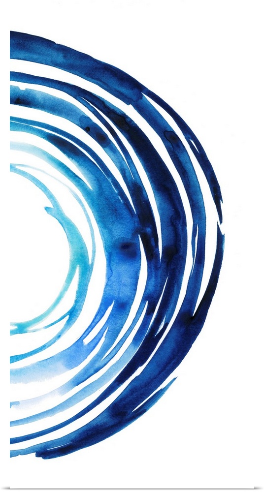 This contemporary artwork is part one of two that contains a half circle made up of blue gestural lines. When placed side ...