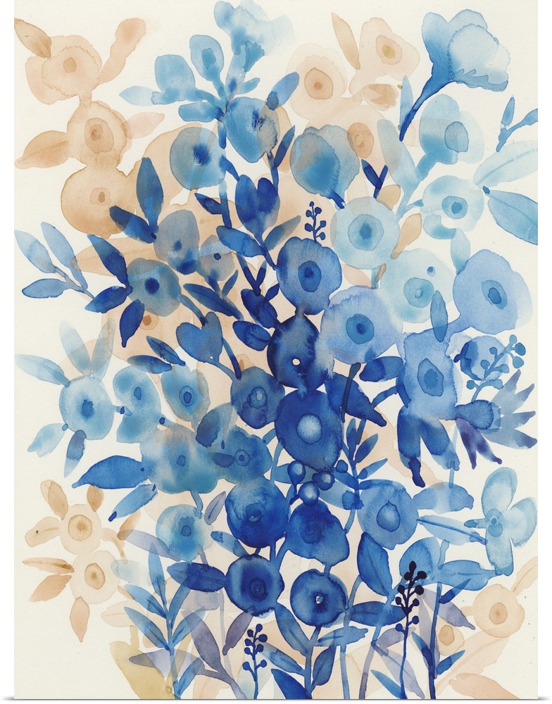 Vertical watercolor painting of wildflowers made in shades of blue and orange.