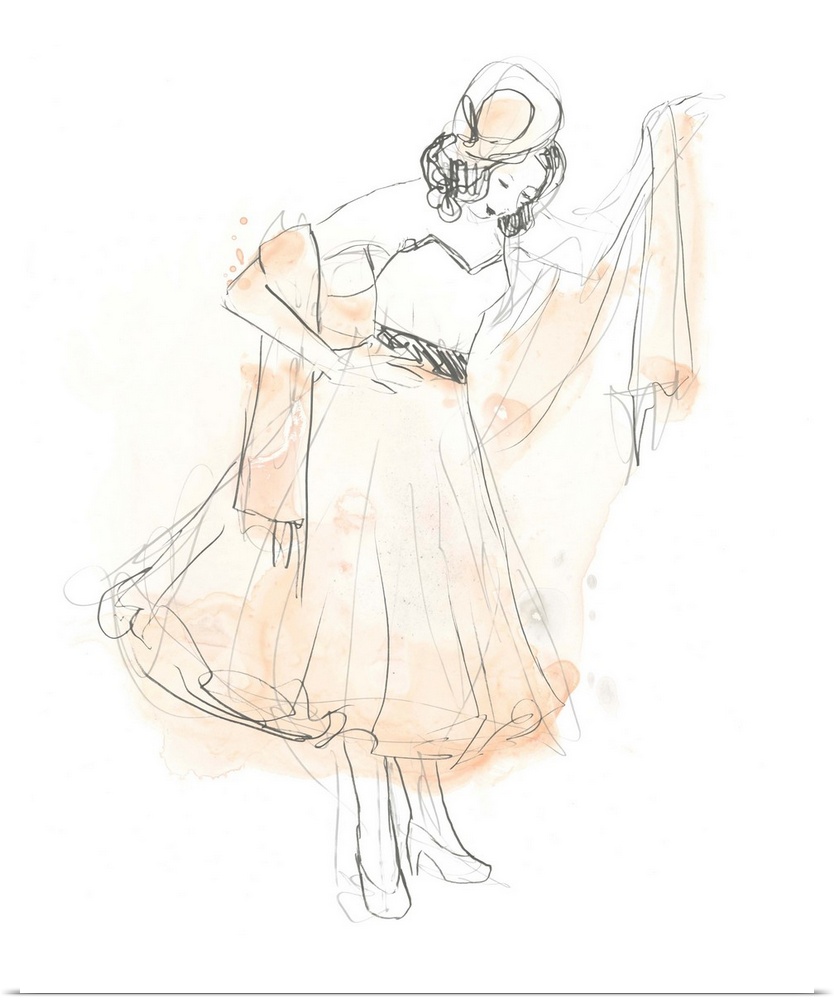Artistic drawing of a fashionable woman in a dress with light watercolor accents in blush.