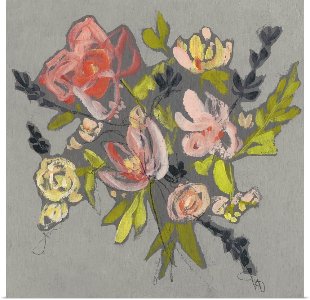 This contemporary artwork consists of whimsical and romantic bouquet of flowers with bright green leaves over a gray backg...