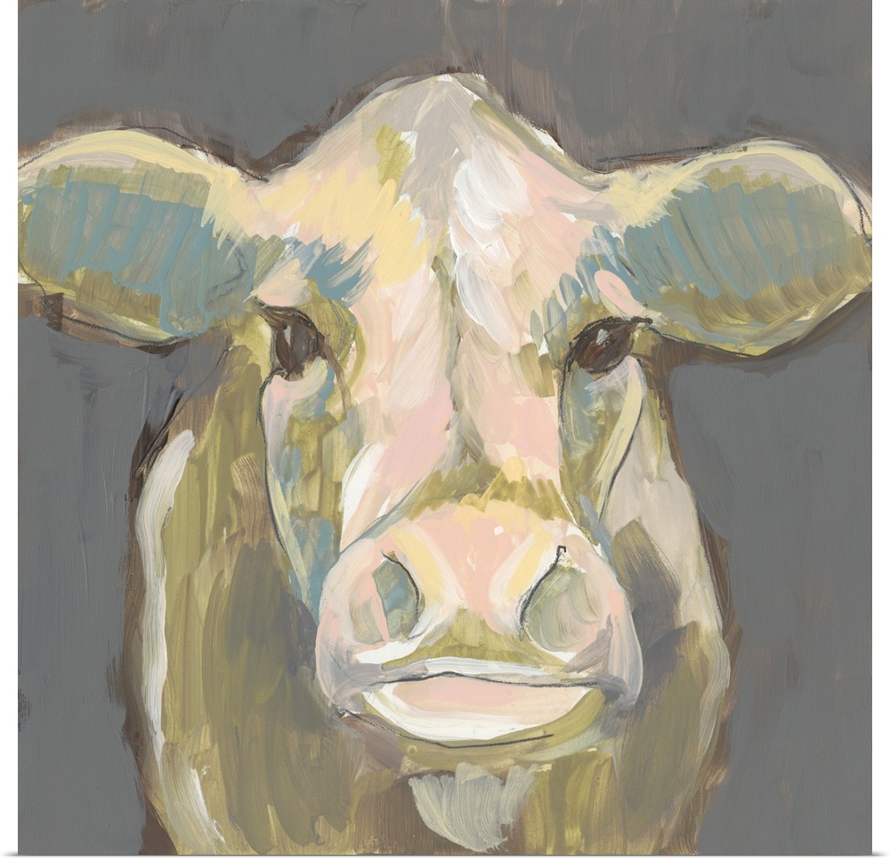 Contemporary abstract portrait of a cow on a gray background.