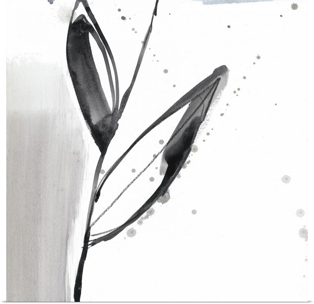 Square watercolor abstract of a flower stem and leaves along strokes of gray with overlapping spatters of paint on a white...