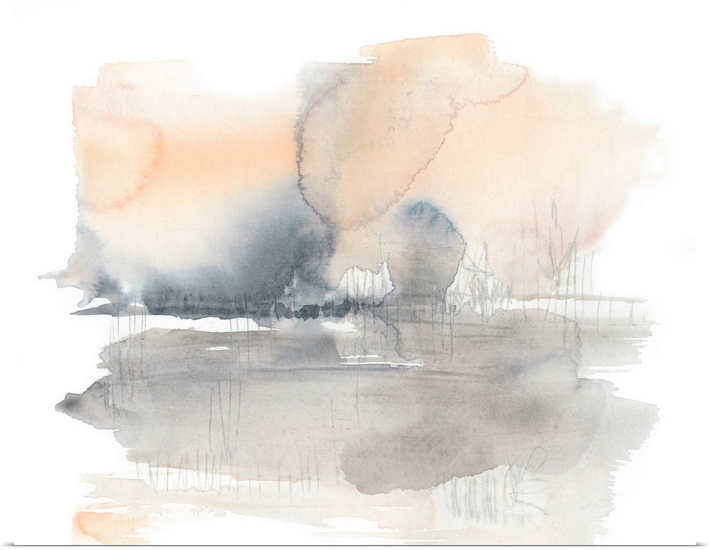 A light, watercolor abstract in shades of peach and grey is reminiscent of a landscape.