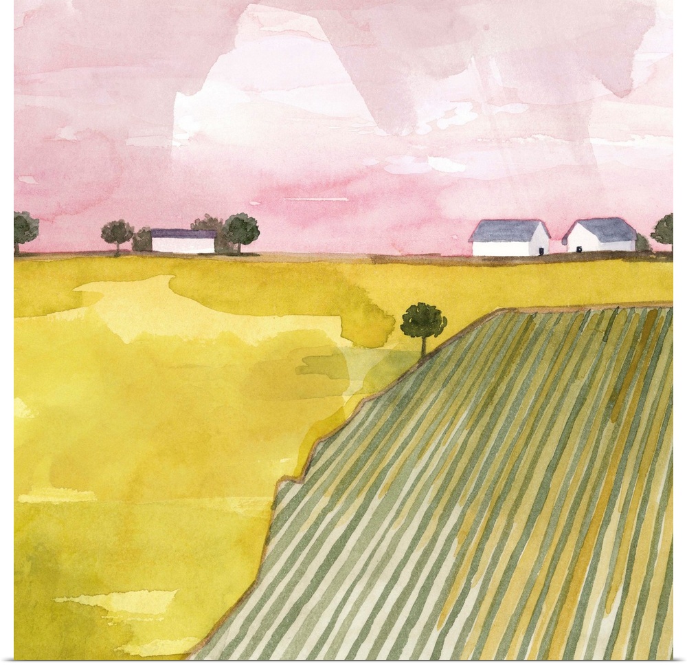 Pink and green contemporary watercolor landscape.