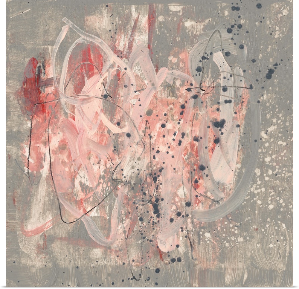 Untamed brush strokes in shades of pink overlap blocks of gray color adorned with splatters and gestural mark making lines...