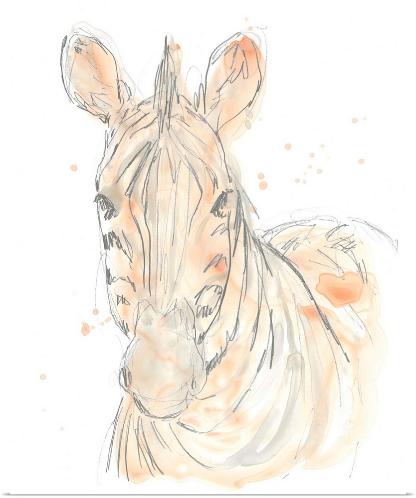 Blush pink and gray watercolor painting of a zebra.
