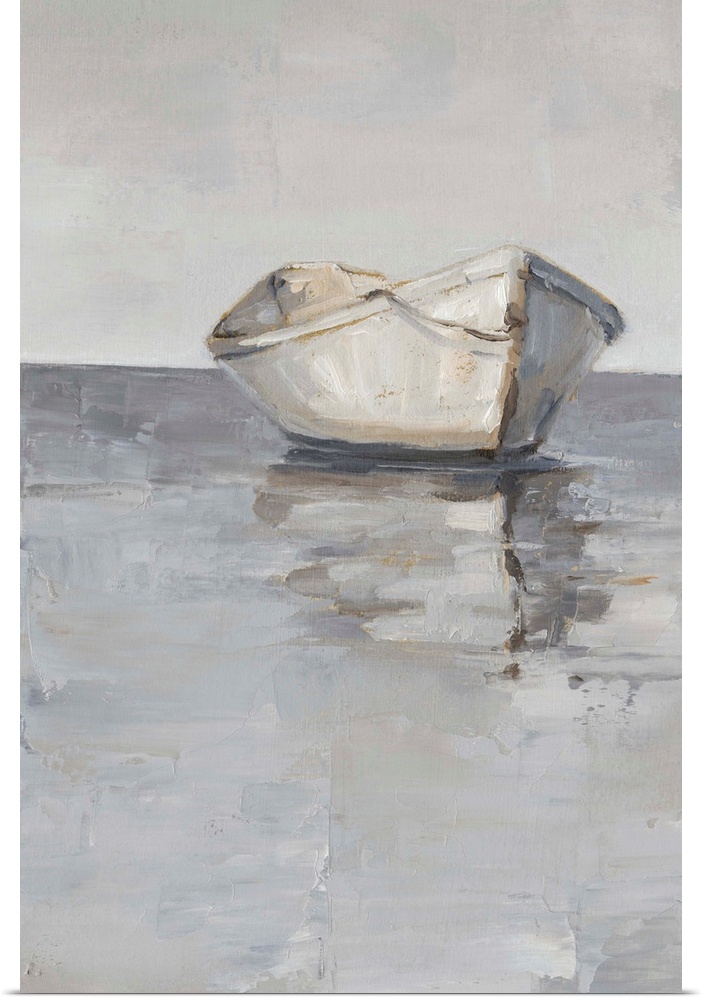 Contemporary painting of a boat sitting on the ocean in various gray tones.