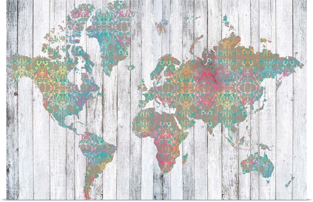 Contemporary art map using muted colors and rustic wood textures.