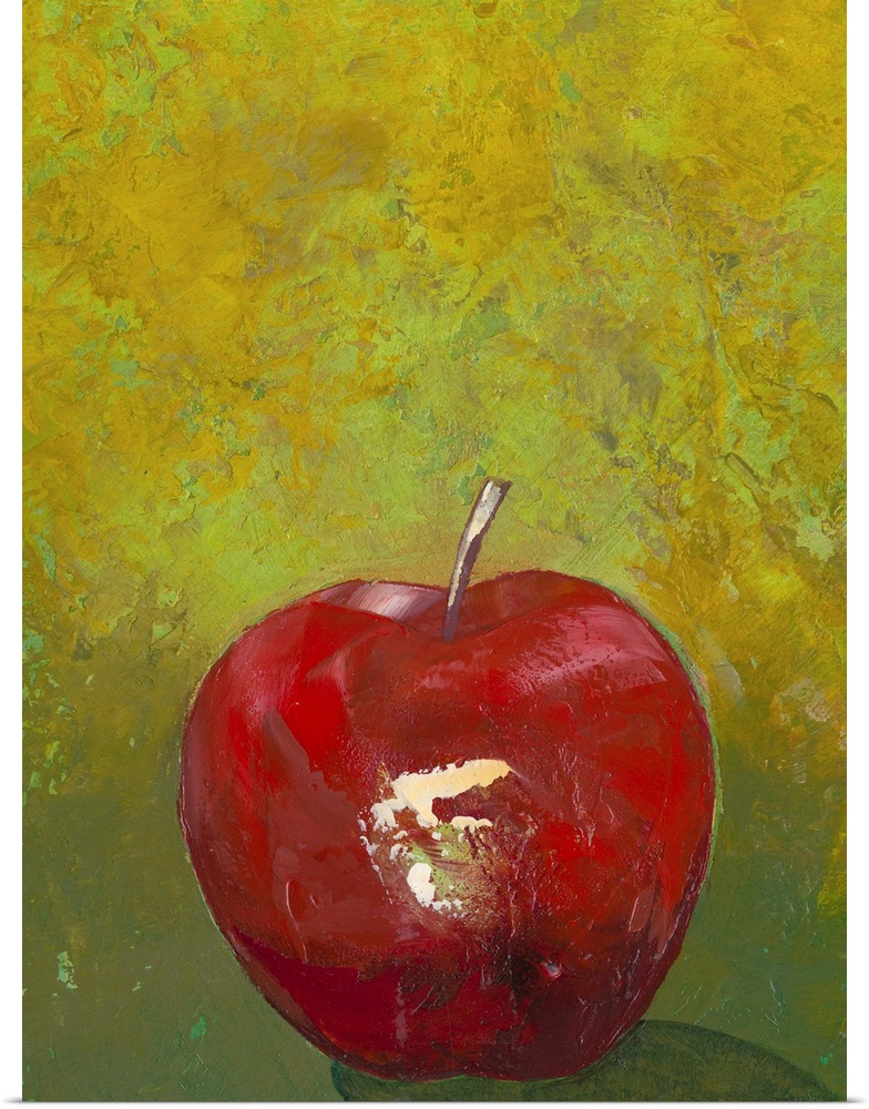 Contemporary painting of an apple against a green background.