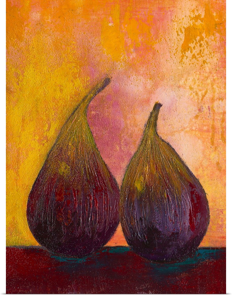 Contemporary painting of a two pears against a green background.