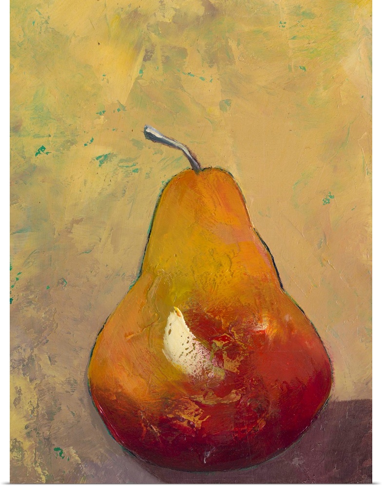 Contemporary painting of a pear against a green background.