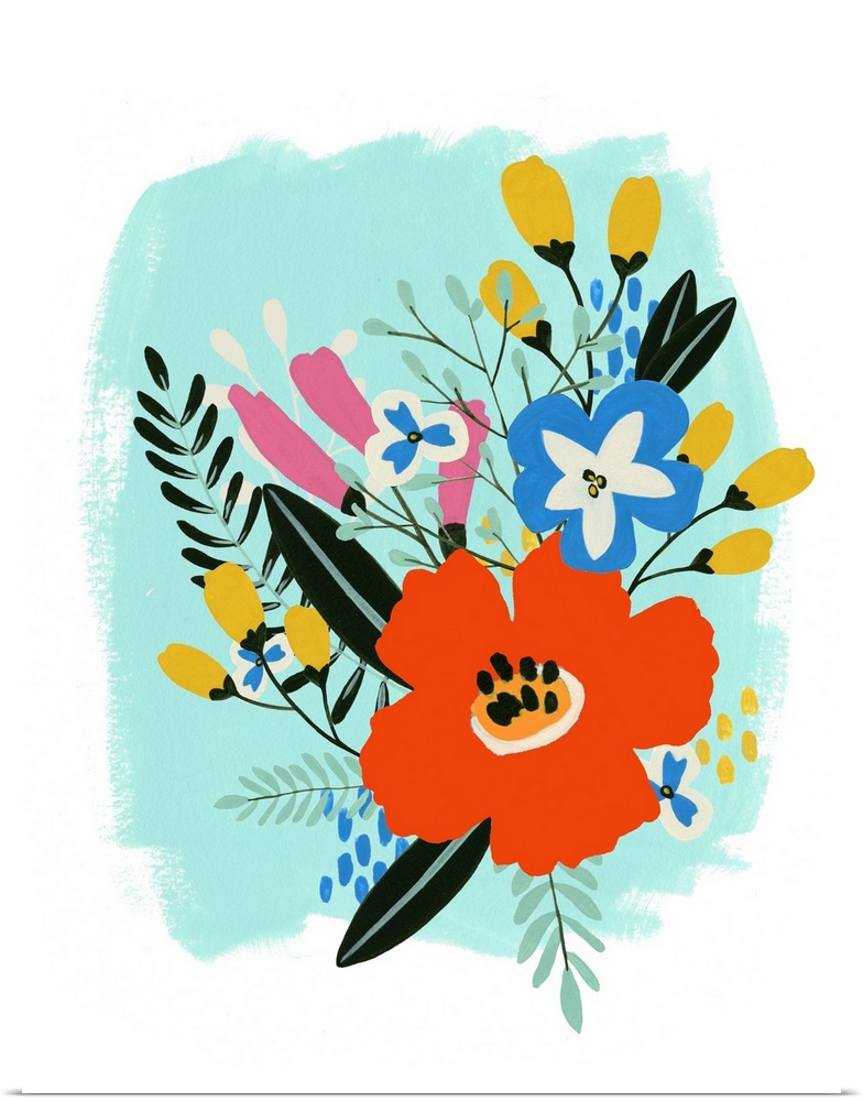 Mod illustration of flowers in red and blue with dark leaves.