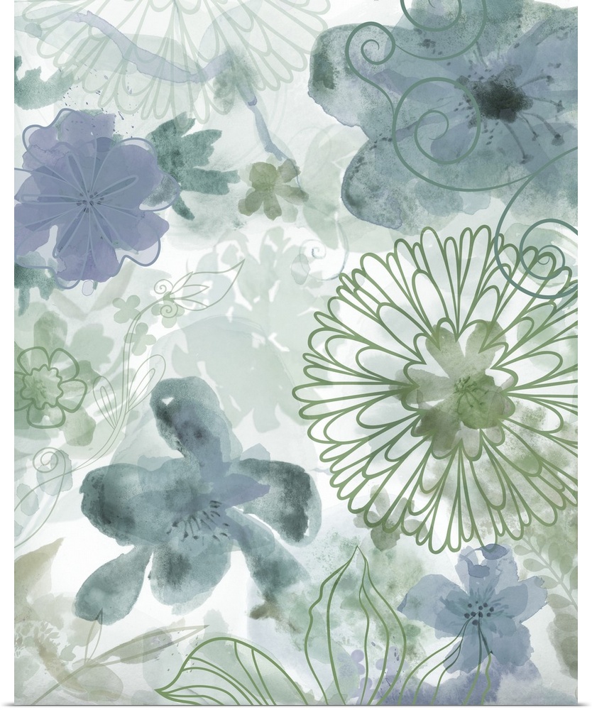 Soft and subdued watercolor flowers are painted in cool shades over a white background that is decorated with faint outlin...