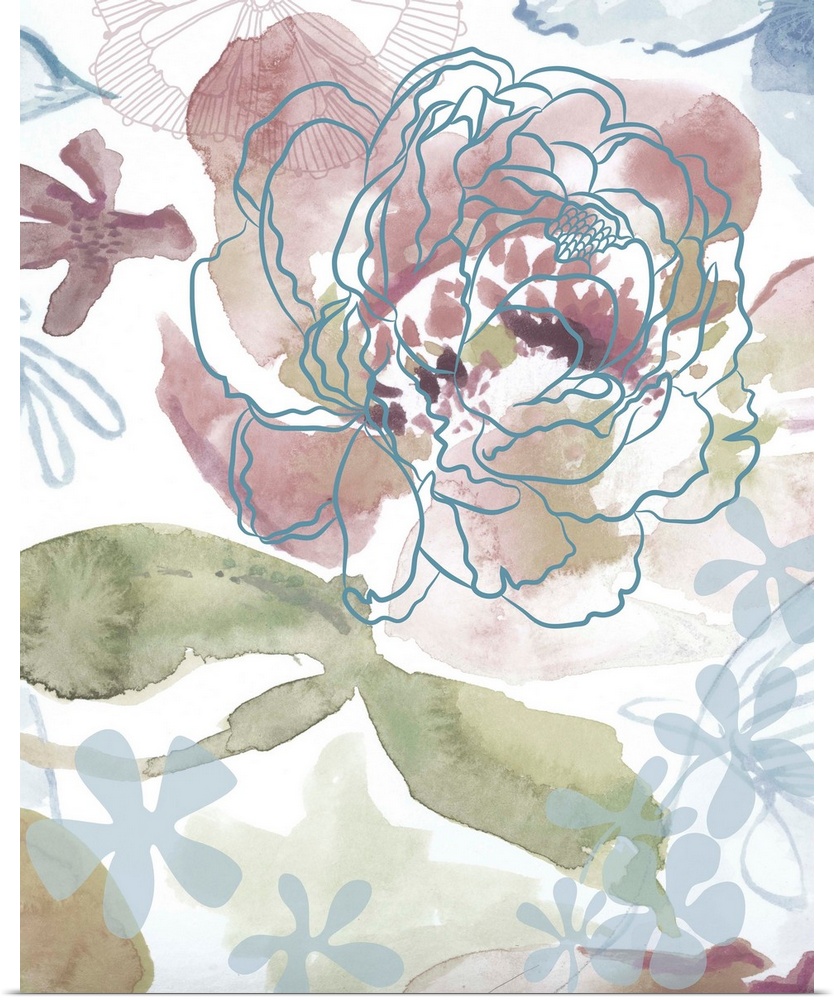 Soft and subdued watercolor flowers are painted in cool shades over a white background that is decorated with faint outlin...