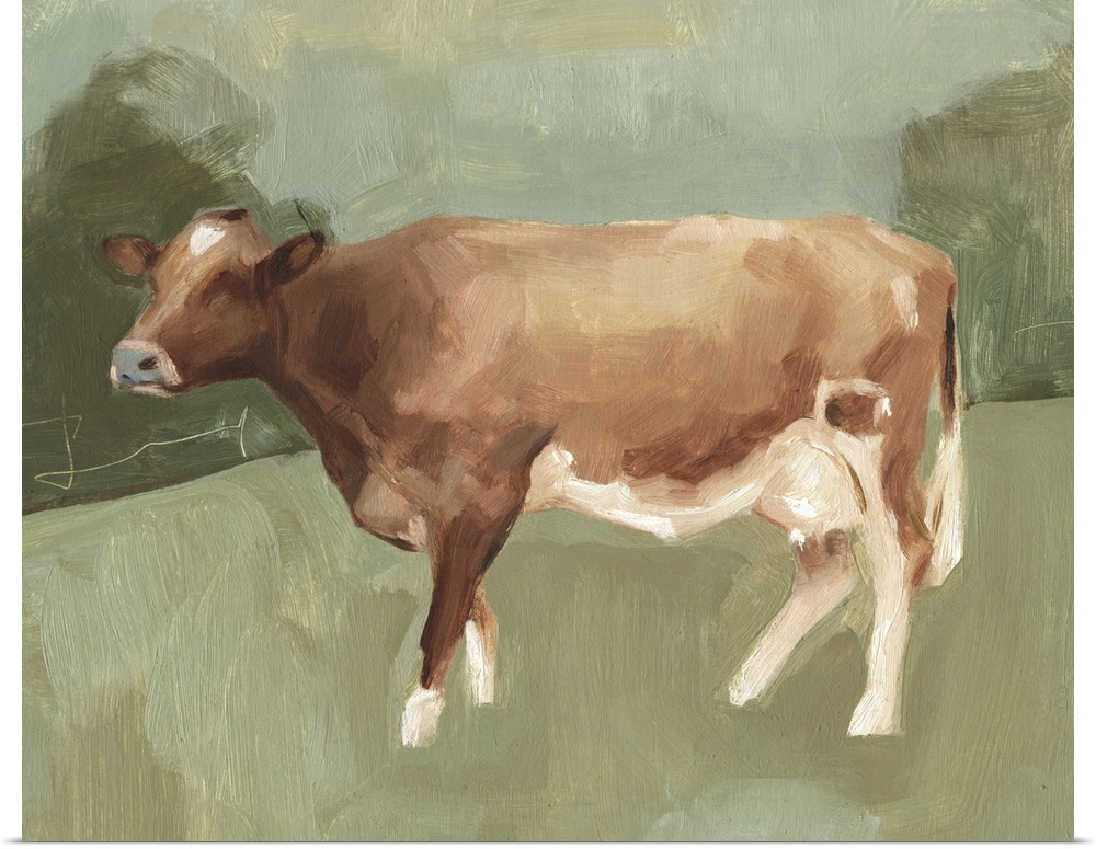 Contemporary painting of a brown and white cow standing in a field of spotted shades of green.