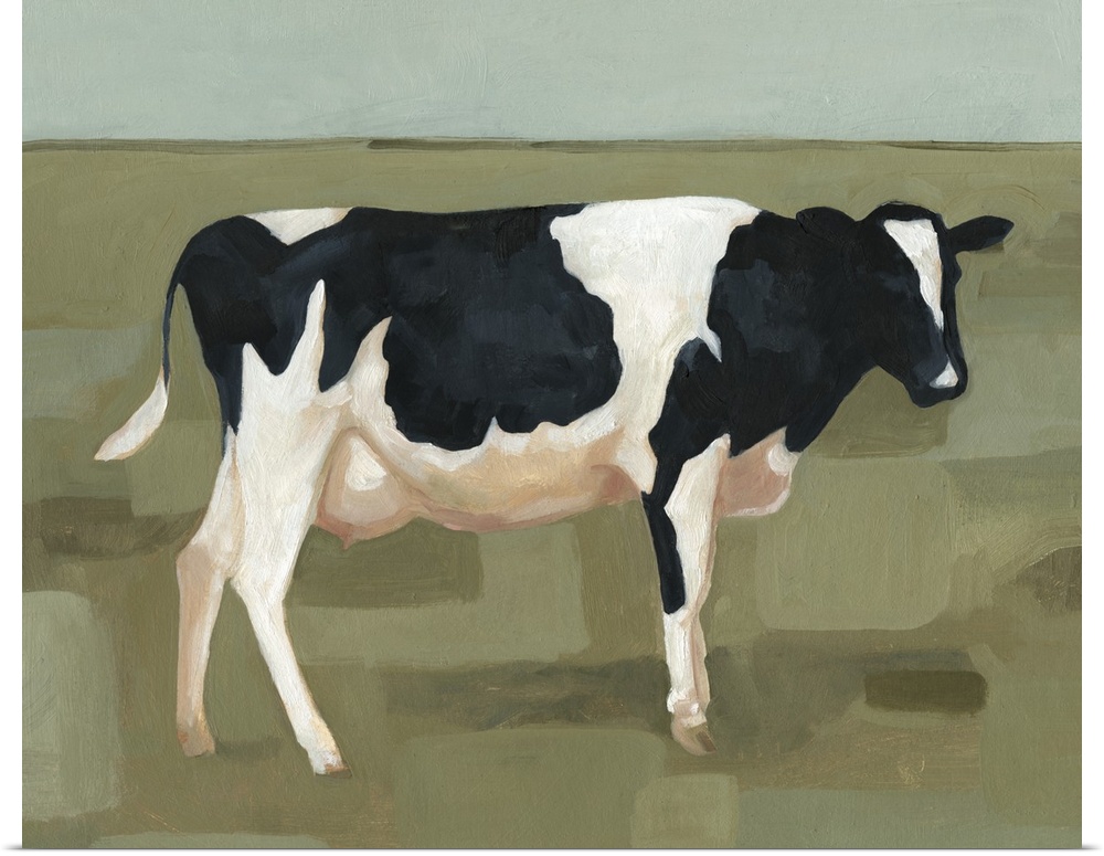 Contemporary painting of a black and white cow standing in a field of spotted shades of green.