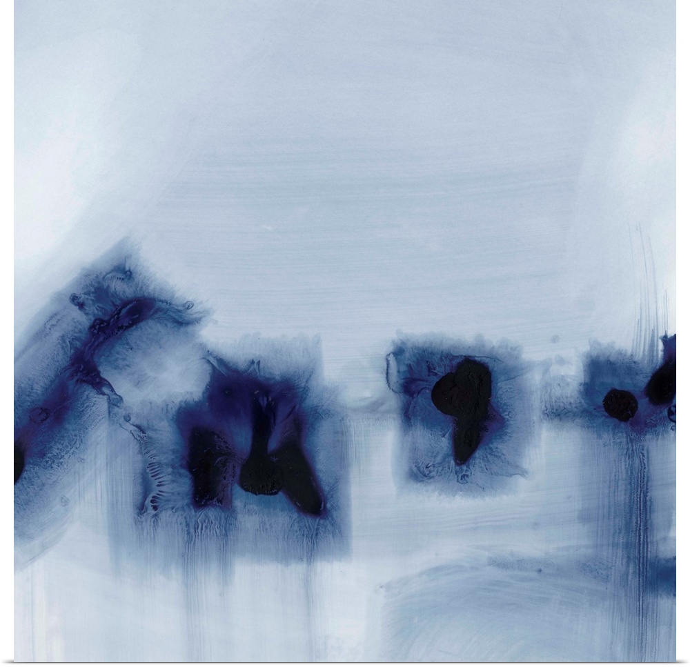 Contemporary abstract painting in inky blue hues.