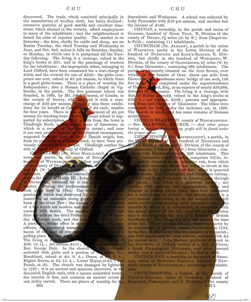 Decorative art with a boxer and two red cardinals on its head painted on the page of a book.