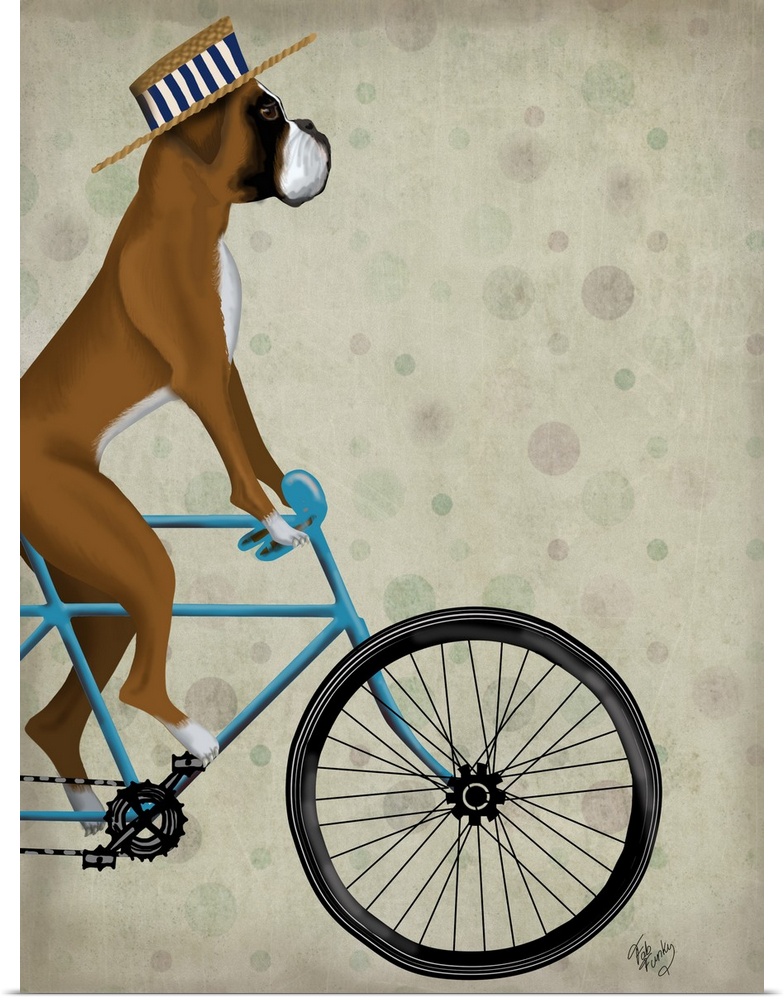Decorative artwork of Boxer riding on a blue bicycle and wearing a blue and white striped hat.