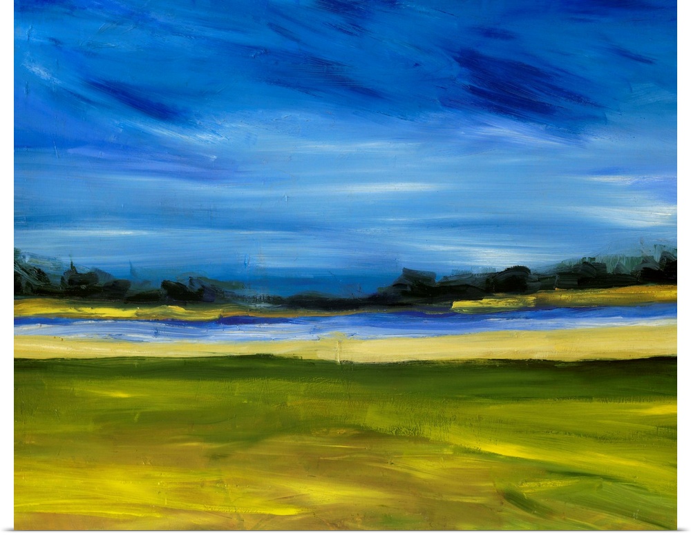 Lively horizontal brush strokes in shades of green and blue evoke the feeling of being windswept.
