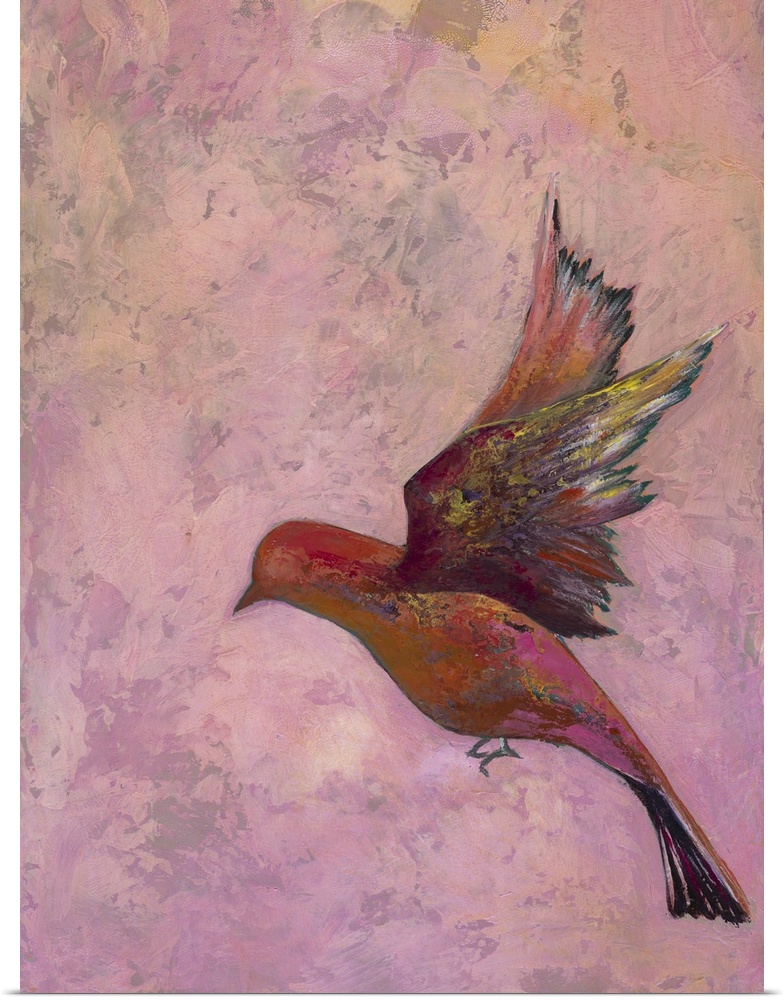 Colorful contemporary painting of a bird in flight against a pink background.