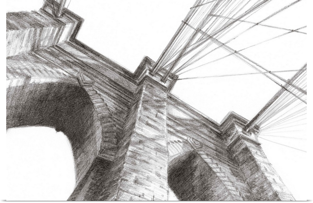 Pencil drawing of a tower of the Brooklyn Bridge, seen from below.