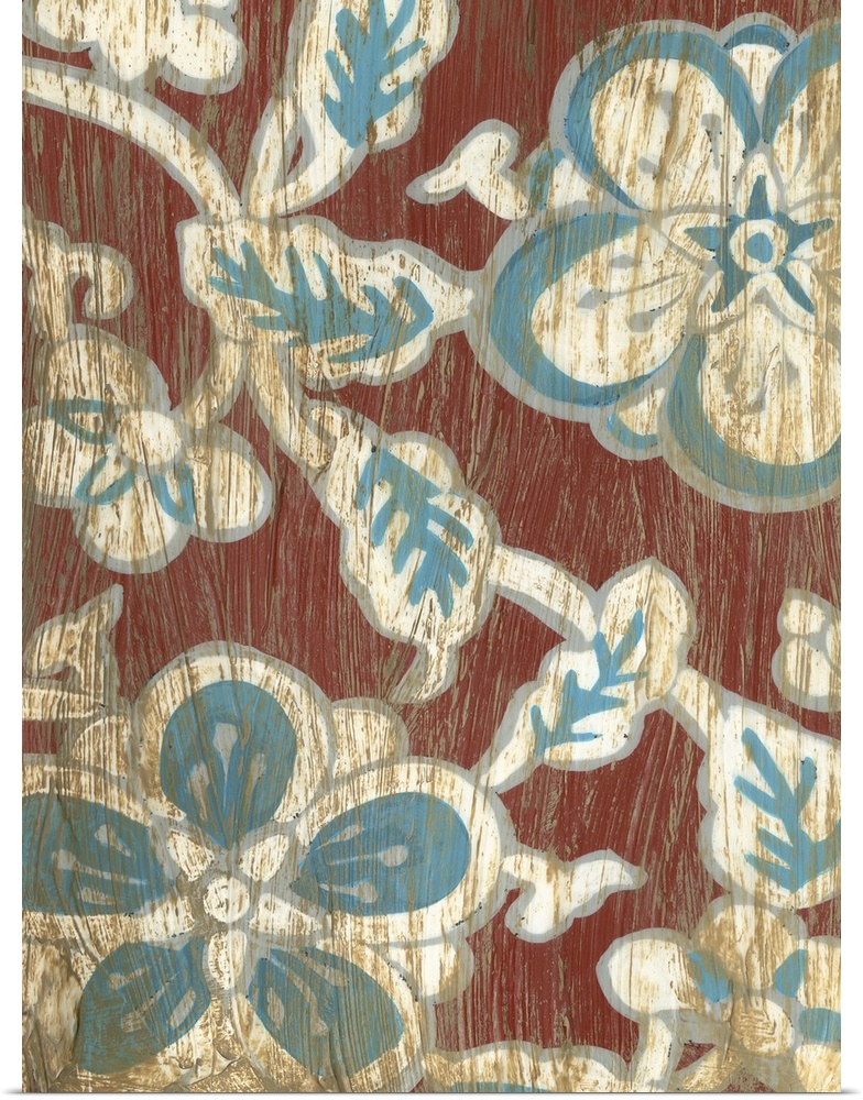 Contemporary colorful textile incorporating floral elements.