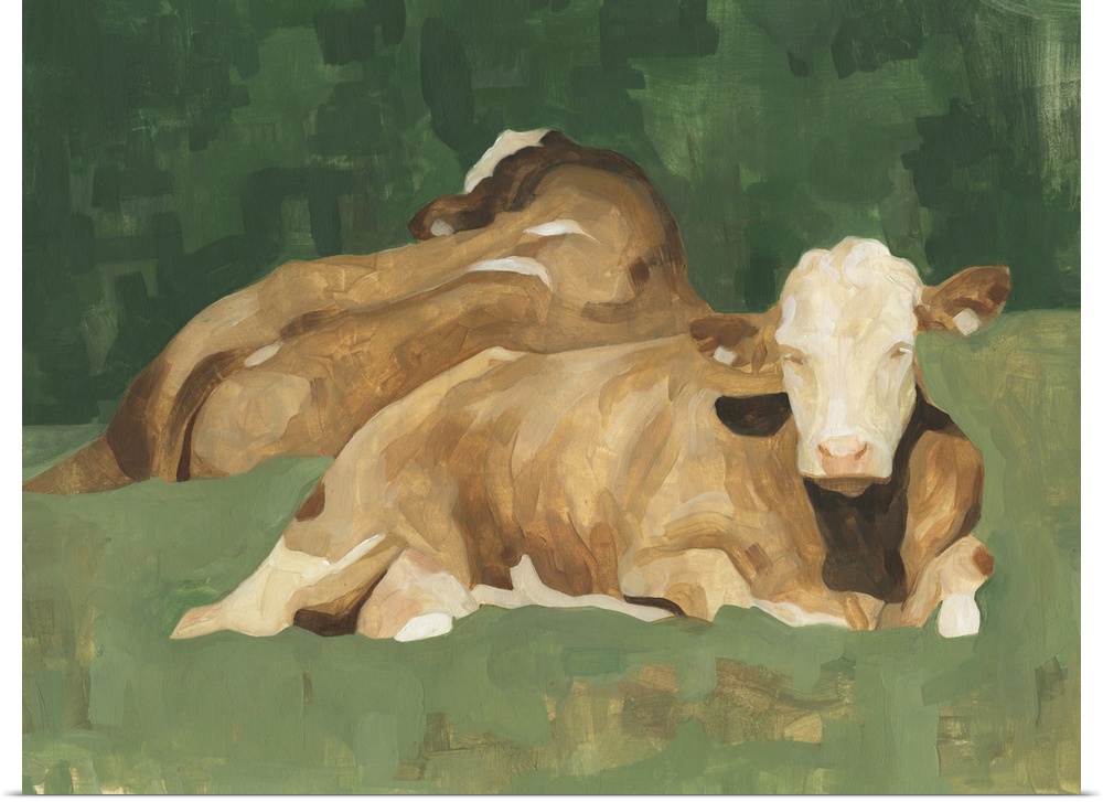 Contemporary portrait of two cows lying down on a green landscape.