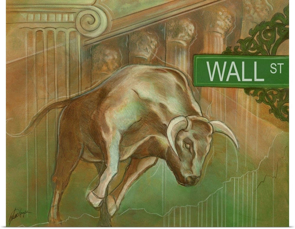 Big canvas painting of a bull running on top of financial district pillars and a Wall Street sign to the left.