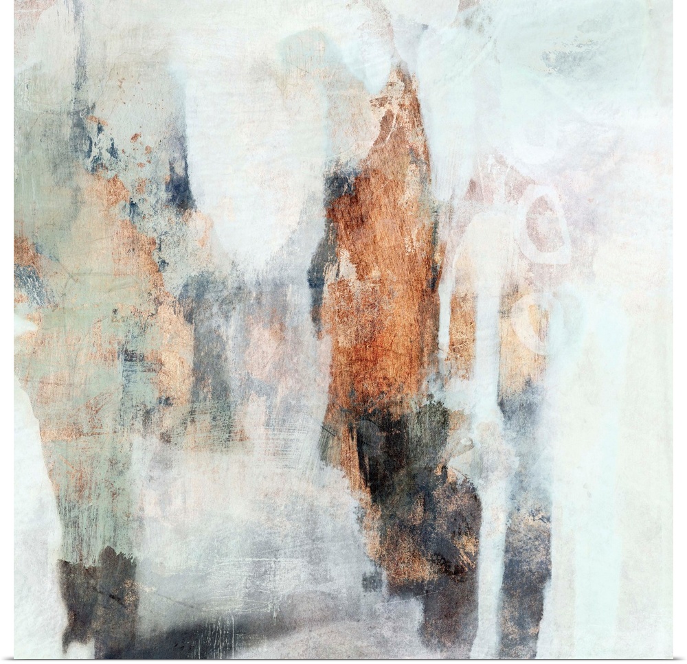 Contemporary abstract painting with white, mint, and copper brushstrokes.