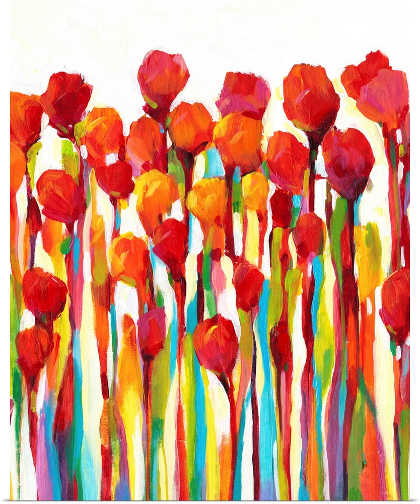 Bright contemporary painting of red flowers with rainbow stems.