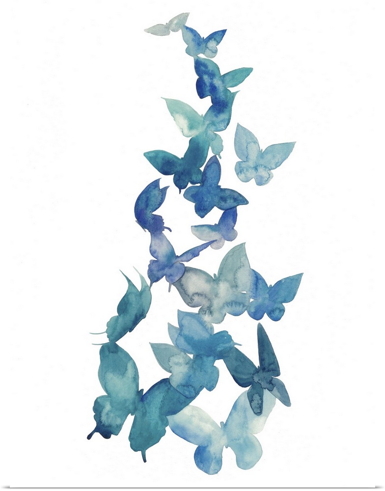 Blue watercolor butterflies ascending against a white background.