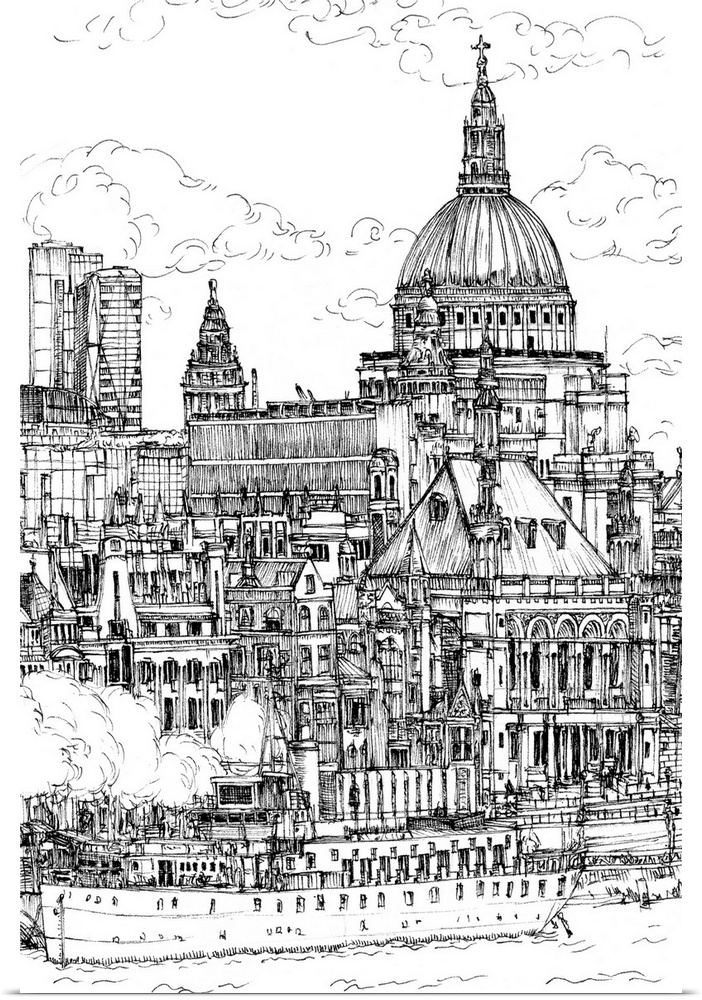 Illustrated cityscape with historic buildings and a ferry.