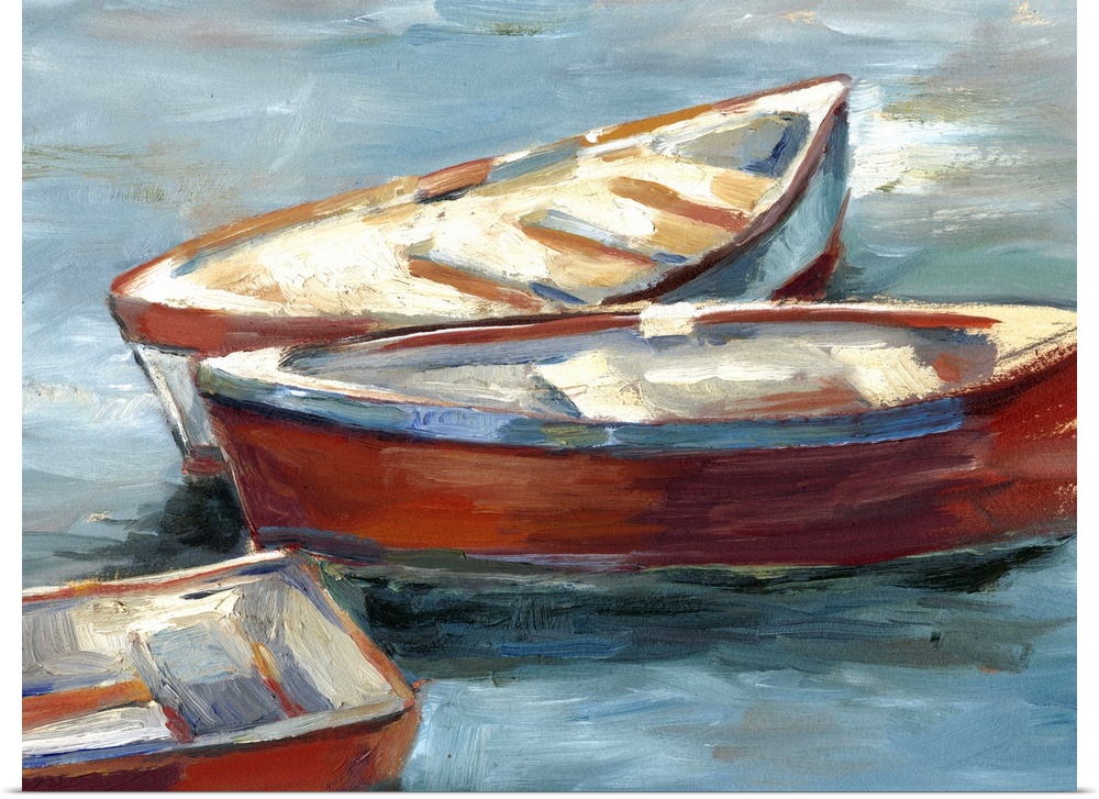 Contemporary painting of red rowboats sitting on the water.