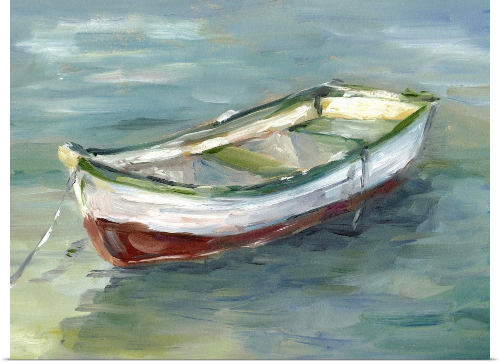 Contemporary painting of red rowboats sitting on the water.