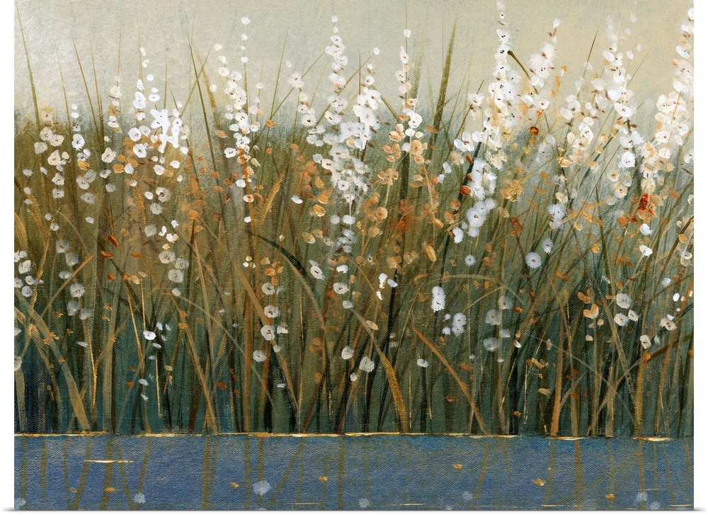 Contemporary painting of wild flowering grasses by the water.
