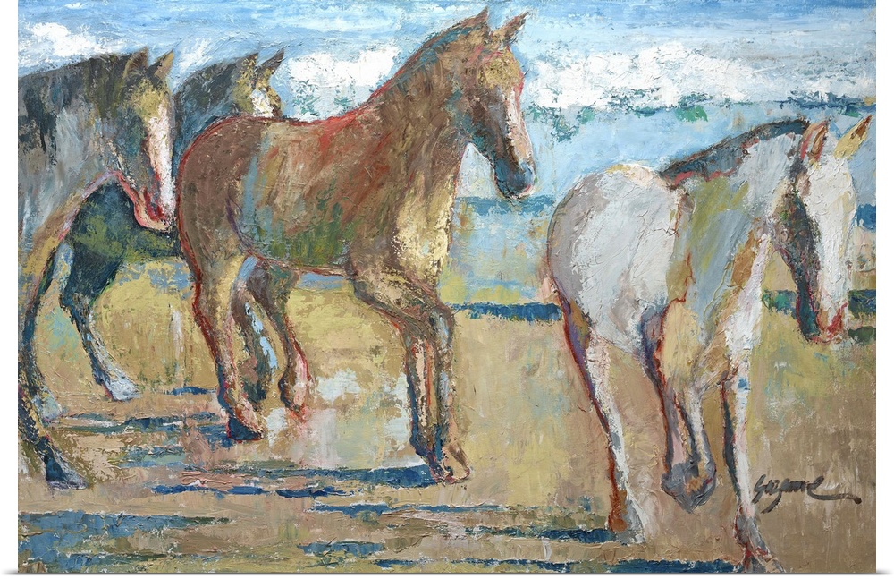 Contemporary art print of a herd of horses trotting along the beach.