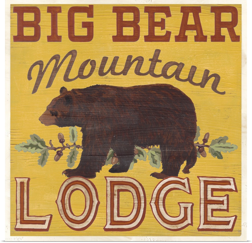 Decorative sign for a cabin or lodge that reads "Big Bear Mountain Lodge."