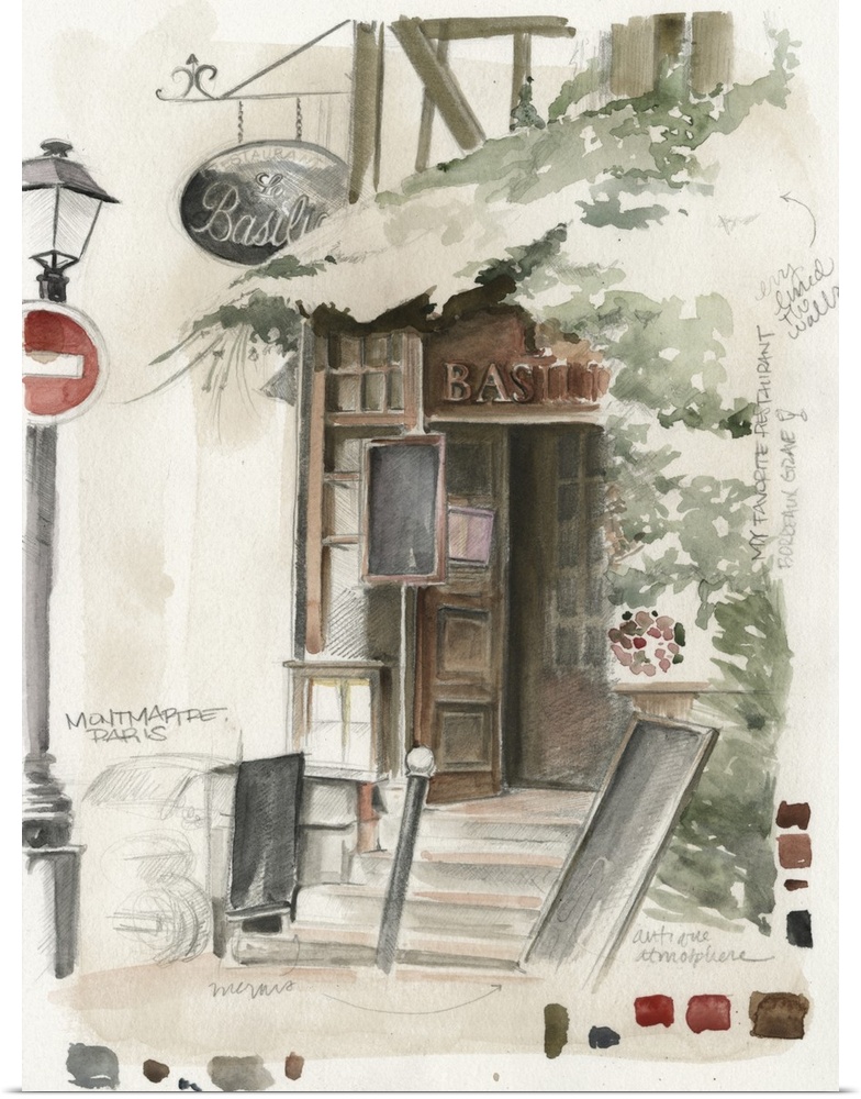 Watercolor painting of the outside of a restaurant with swatches and notes from the artist on the edges.